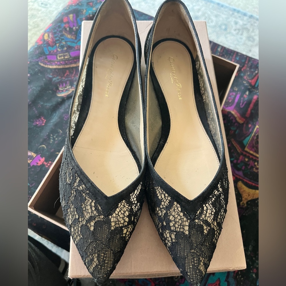 Gianvito Rossi Black Lace Pointed Toe Ballet Flats Size 38.5
